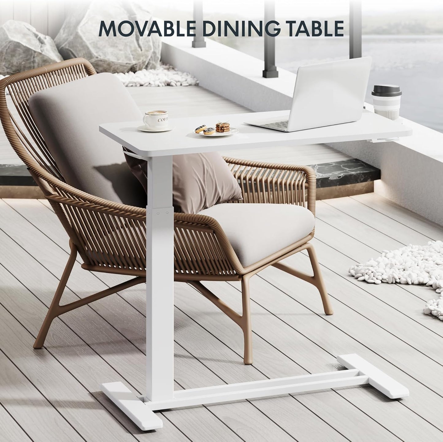 FLEXISPOT H7 Adjustable Overbed Bedside Table with Wheels Pneumatic Mobile Standing Laptop Desk Rolling Computer Cart Movable Overbed Table Hospital Home Use (31.5" W x 17.7" D, White Large)