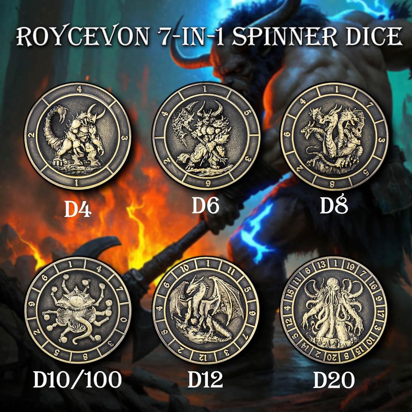 7 in 1 D6 Spinner DND Dice Set D&D, Metal Cube D and D Dice with Gift Box, Dungeons Dragons Role Playing Dice, Bronze