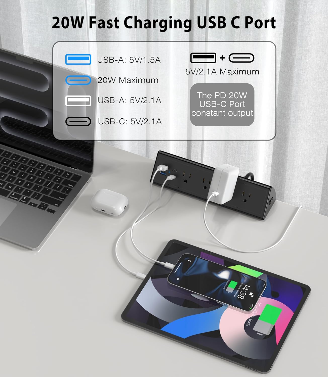 Jgstkcity Desk Clamp Power Strip,20W Fast Charging Station,Surge Protector Nightstand Edge Mount,1875W Extension Cord with Multiple Outlets,2 USB-C,2 USB-A,for Home Office (Black, 10 FT)