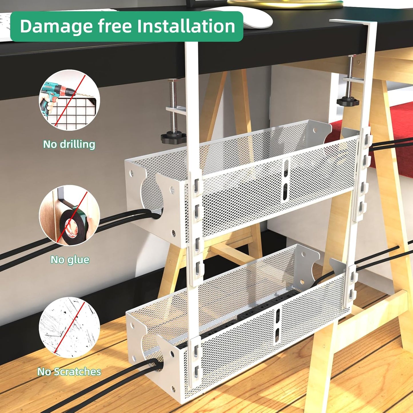 Multi-Model Under Desk Cable Management Tray 2 Packs Metal Under Desk Wire Management Clamp Mount Under Table Cord Management No Damage The Desk (White)