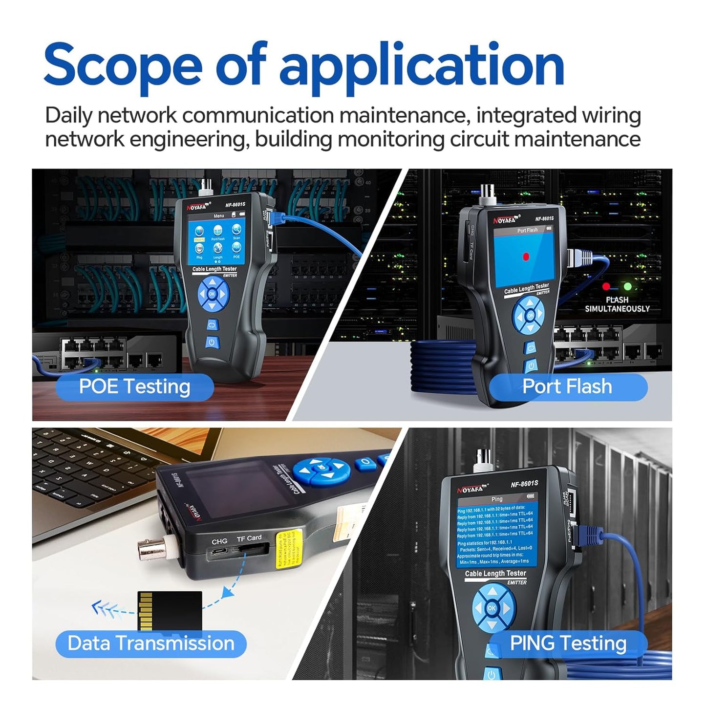 NOYAFA NF-8601S Network Cable Tester, Ethernet Tester Cable with LED Screen, PoE Test for RJ45/RJ11/BNC/Metallic Cable, Test Diagnostic Tool for PING Line Tracer, Crosstalk Test, Fault Location