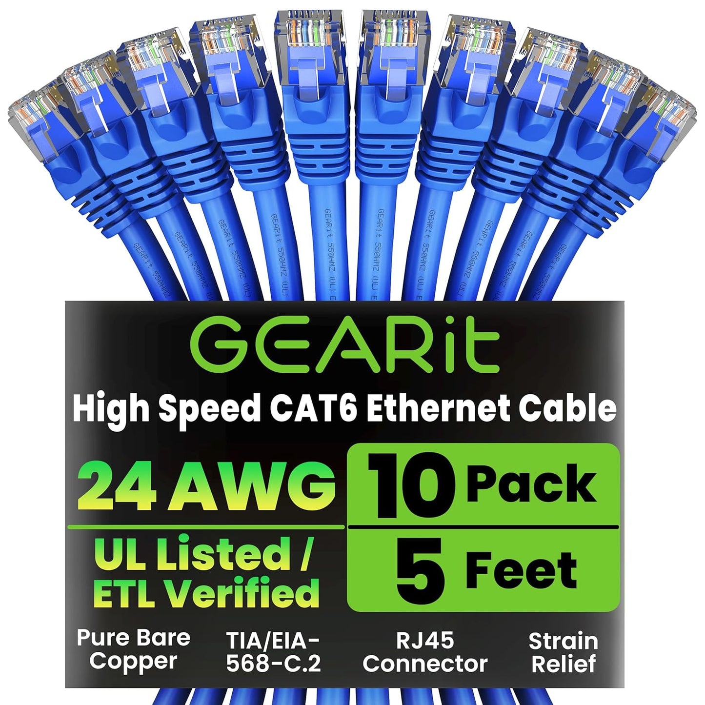 GearIT Cat 6 Ethernet Cable Pack - 10-Pack 5 ft Cat6 Ethernet Patch Cables | RJ45 Network Patch Cable, 10 Gbps Snagless Gold-Plated Connectors - Ethernet Cable Cat 6 for PC, TV, Router - Blue