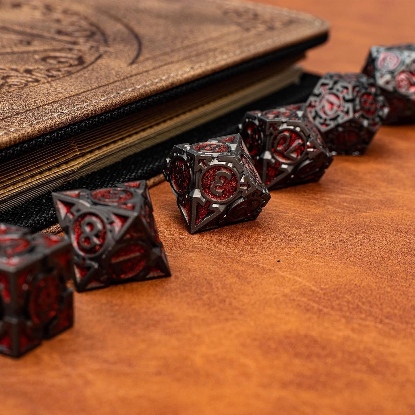 Red Black Nickel Finish Heavy Metal DND Dice Set (Barbarian) with A Metal Box, Sharp Edge Zinc Alloy D&D Accessories, D4-D20, Designed for Dungeons & Dragons Master, RPG Player, Starter