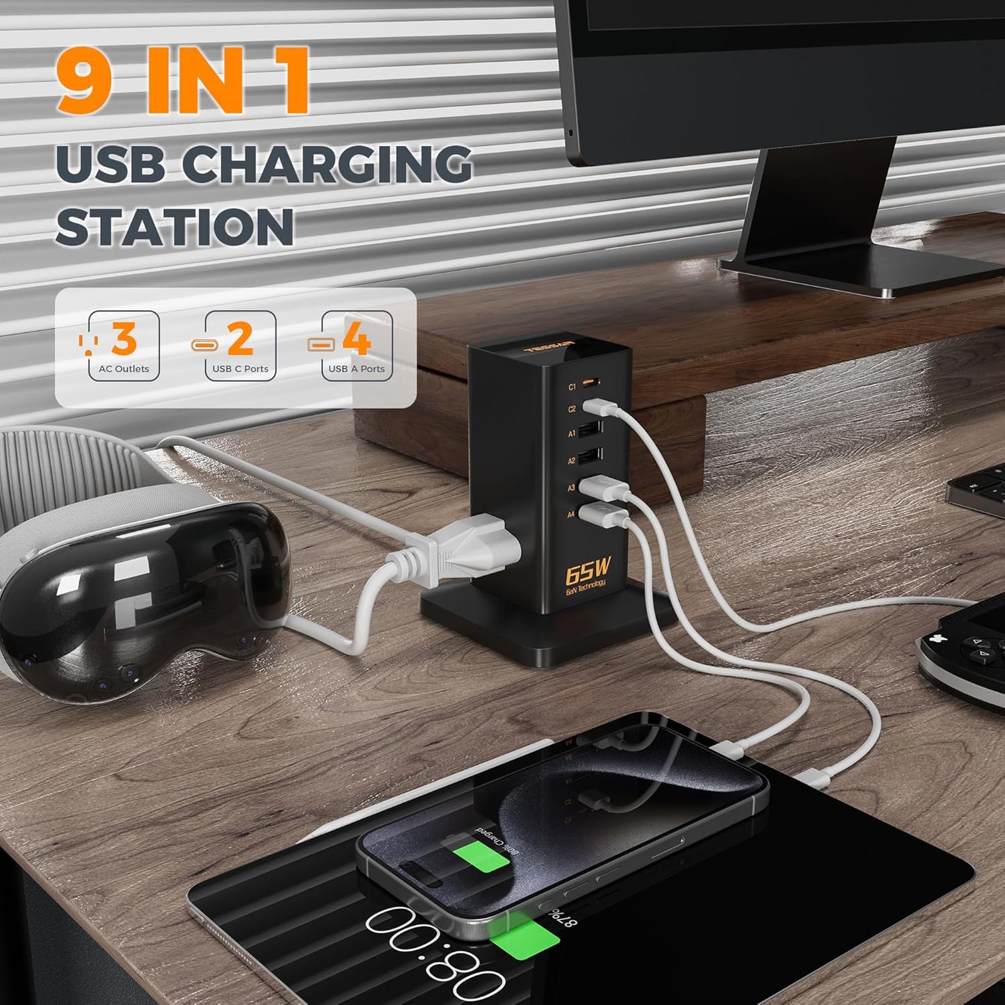 USB Charging Station for Multiple Devices PD 65W, TESSAN 9-in-1 USB C Charger Block for iPhone 16/15, MacBook, Tablet, Type C Desktop Charger with 3 AC, Home Travel Office Accessories