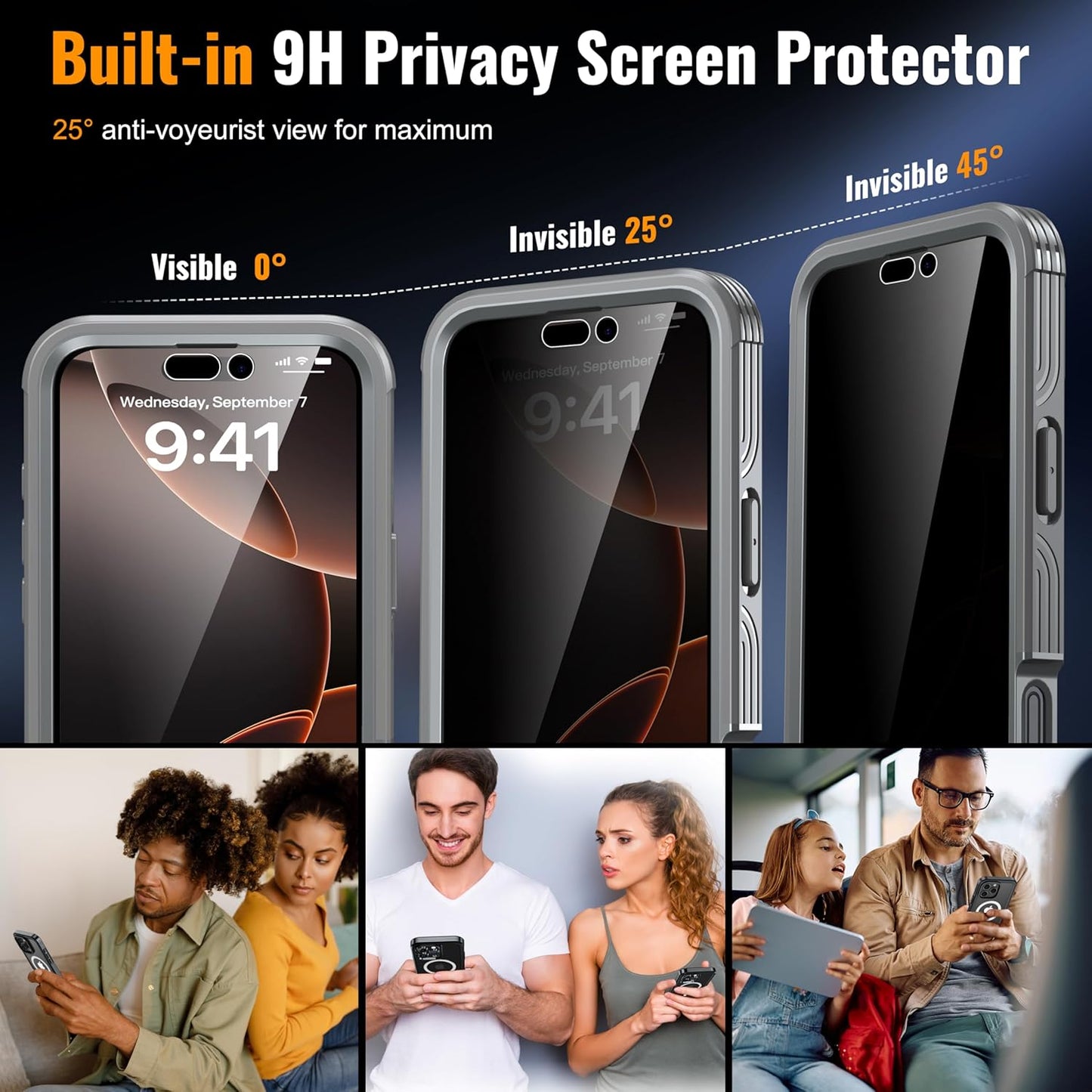 Magnetic & Stand for iPhone 16 Pro Max Case Built-in Privacy Screen Protector[360° Full Body Protection][Fit for Magsafe][Lens Protector] Heavy Duty Shockproof Case for iPhone 16 Pro Max Gray