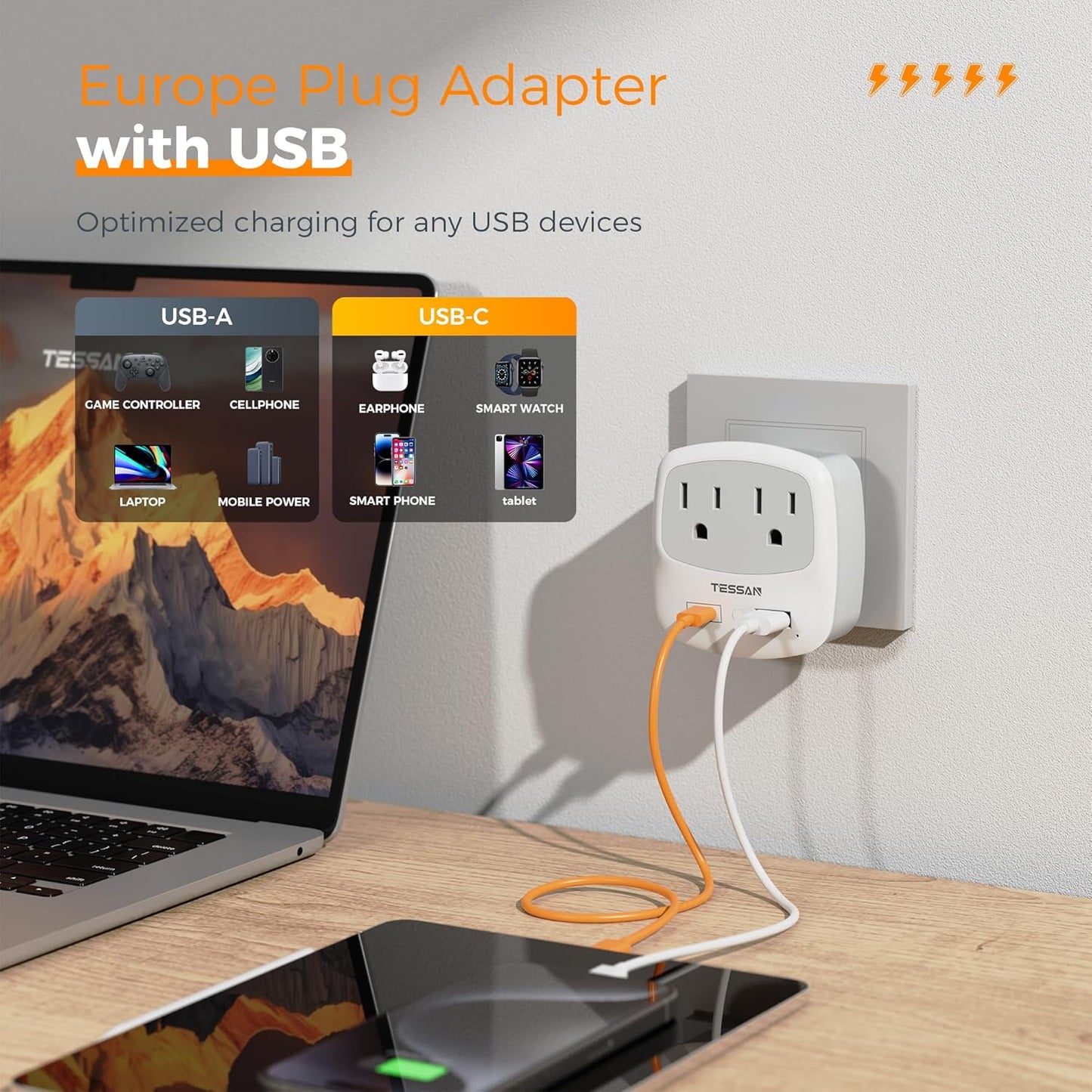 European Travel Plug Adapter, TESSAN Type C Adaptor with 2 Electrical Outlets 2 USB Ports (1 USB C), EU Power Adapter for US to Europe International Iceland Spain Italy France Germany Greece