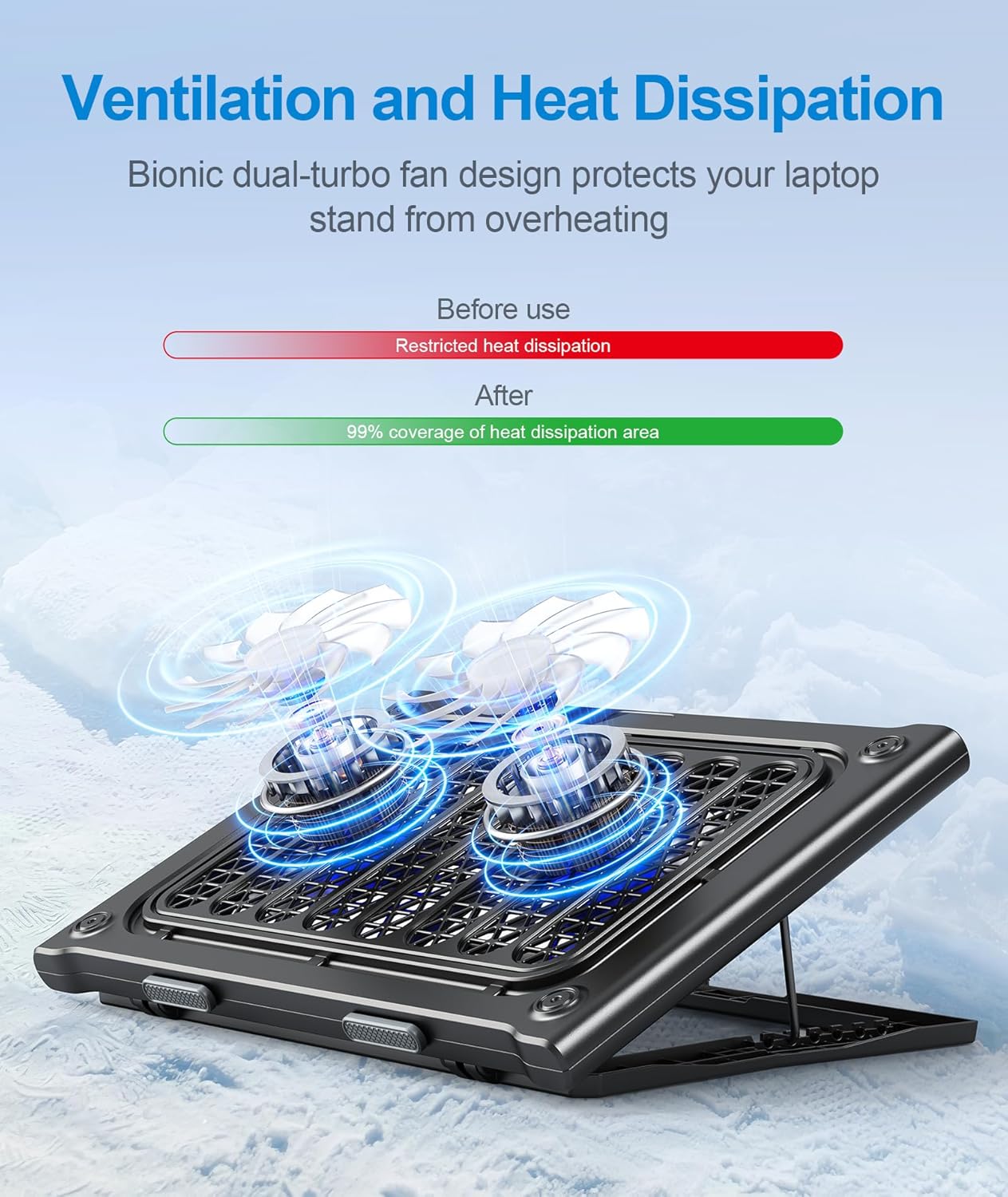 Laptop Cooling Pad Stand, Laptop Cooler with 2 Silent Fans for 10-15.6 Inch Laptops,6 Levels of Height Adjustable Wind Speed with 2 USB Ports (Black)