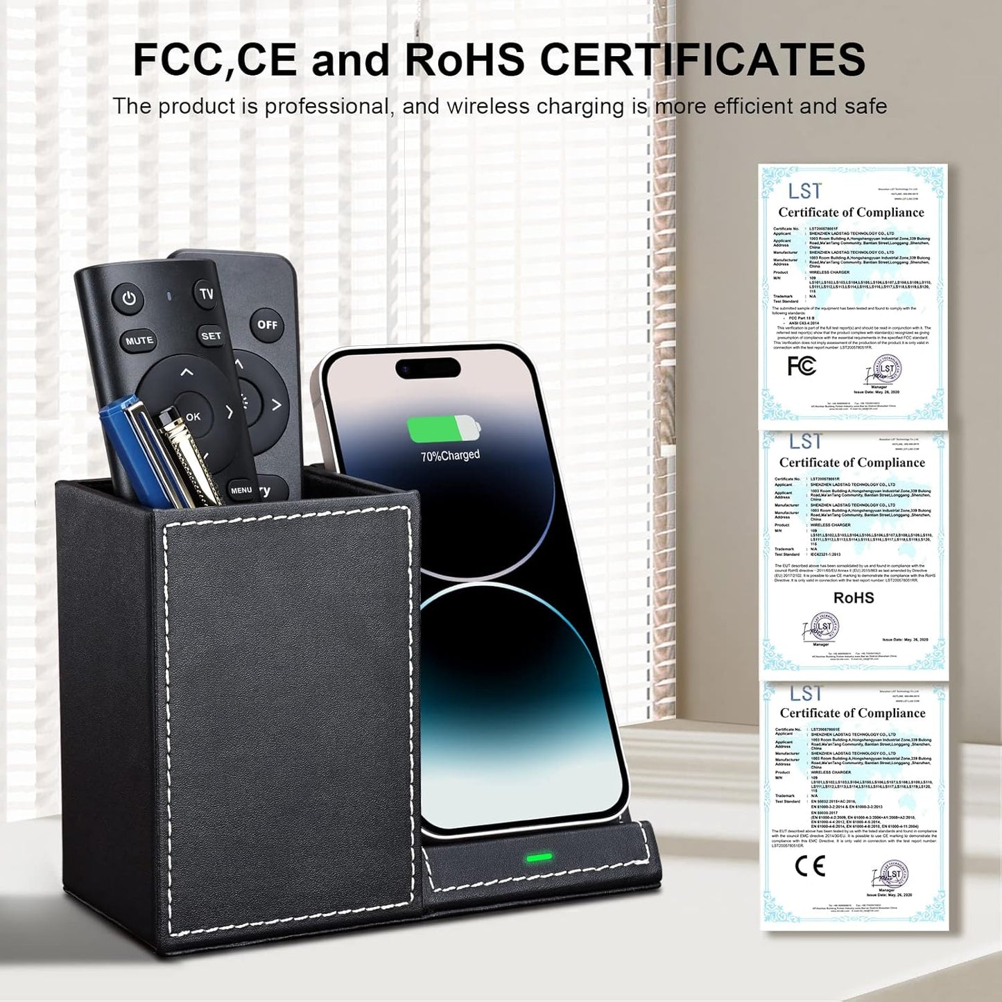 Wireless Charger with Desk Organizer, Wireless Charging Station for iPhone 13/13 Pro Max/13 Pro/12 Series/11/XS Max/XR/X/8Plus/SE 2, Wireless Charging Stand with Leather… (Black S)