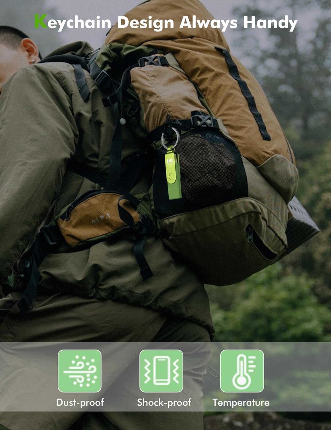 MOSDART 64GB USB3.1 Fast Speed C and A Dual Flash Drive, exFAT Memory Stick with Keychain and LED Indicator, for iPhone 15 and 16, Android Phone, iPad, MacBook, and Other Laptops, Green