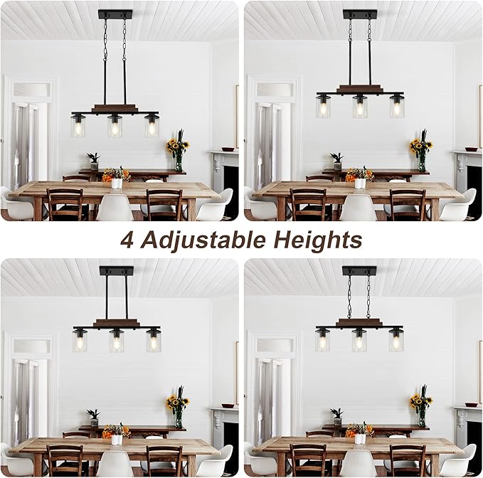 3-Light Kitchen Chandeliers Over Table, Farmhouse Chandeliers for Dining Room, Black Linear Chandelier with Clear Glass Shades, Modern Rustic Wood Dining Room Light Fixture, with Adjustable Height
