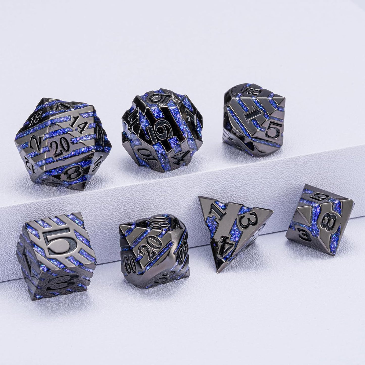 Anitque Metal Dice D&D,Metal Glitter Stripe Dice 7pcs Set with Gift Case,Polyhedral Dice for Role Playing Game (Black Nickel Dark Purple)