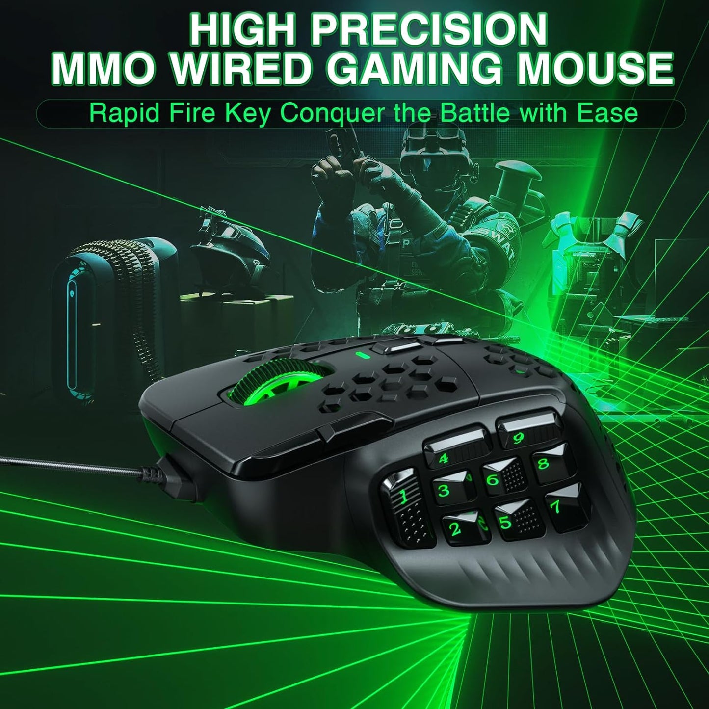 SOLAKAKA SM809 Wired MMO Gaming Mouse, with 9 Side Buttons RGB Mouse, 24000 DPI High-Precision Optical Sensor, Ergonomic Mice, 16 Programmable Macro Shortcuts/Remapping PC Gaming Mouse for FPS Games