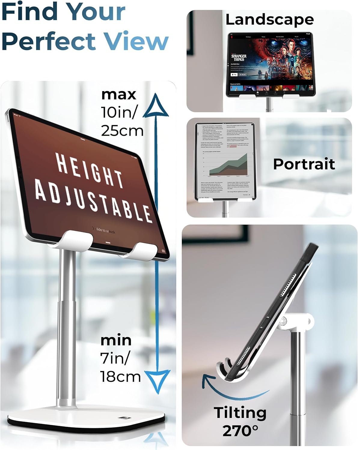 COOPER TabHolder, 7-10" Height Adjustable Tablet Stand, Premium iPad Stand for Desk, 270° Tilt Portable Monitor Holder for 15.6-17" Displays, for All iPad, Kindle, Surface, Samsung Tablets (Black)