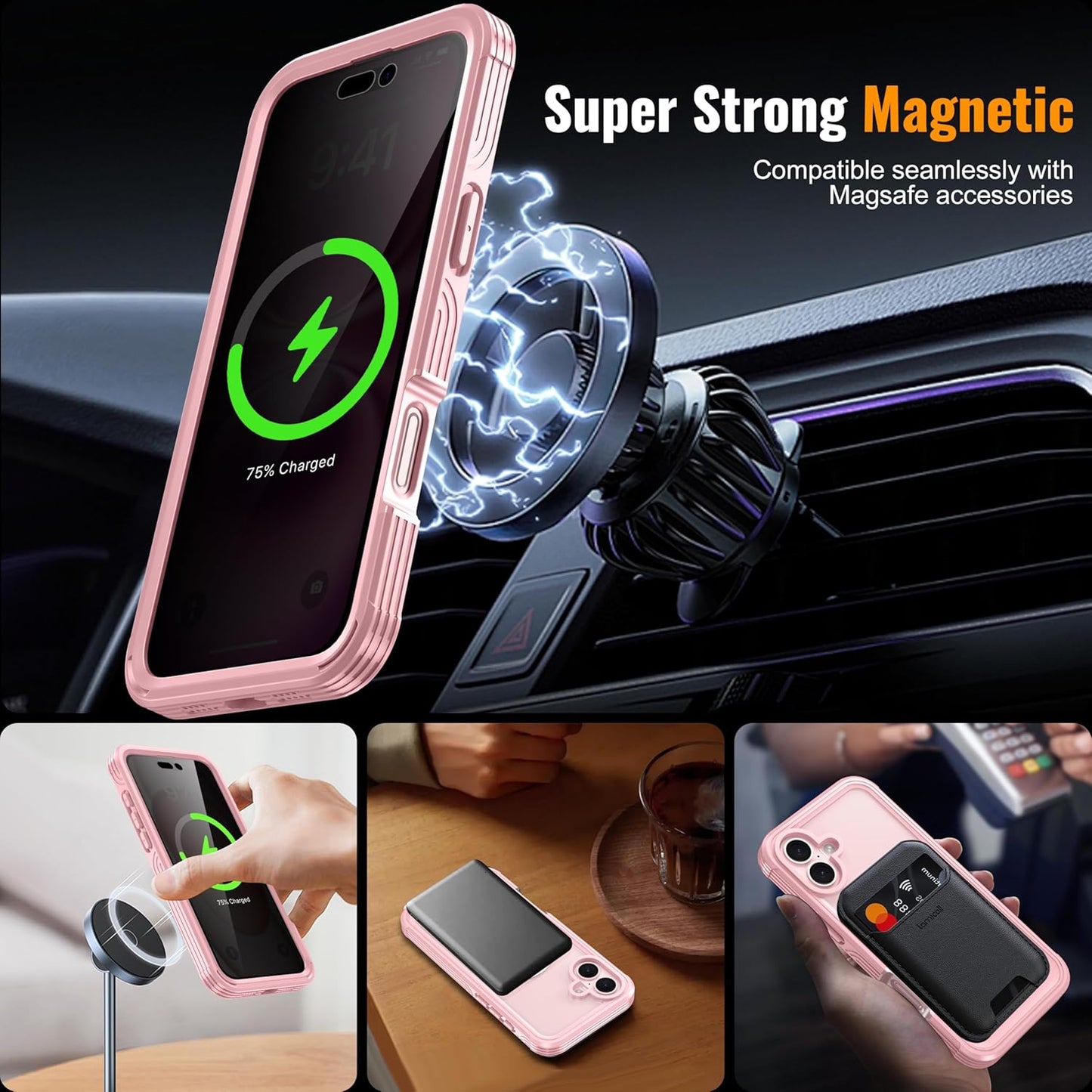 Magnetic & Stand for iPhone 16 Plus Case Built-in Privacy Screen Protector[360° Full Body Protection][Fit for Magsafe][Lens Protector] Heavy Duty Shockproof Phone Case for iPhone 16 Plus Pink