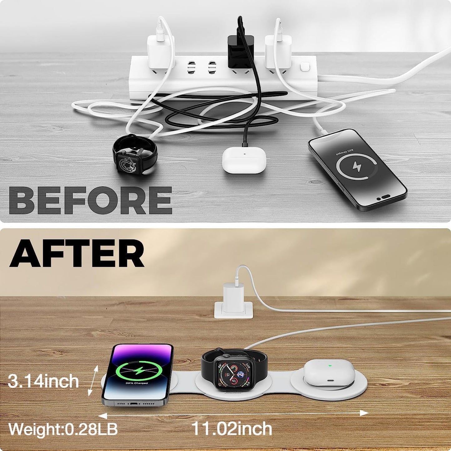 Hicober 3 in 1 Wireless Charging Station for iPhone 15, Magnetic Foldable Travel Charger Station Stand 18W for iPhone 16 15 14 13 12 Pro/Max/Plus/Apple Watch All Series & Airpods