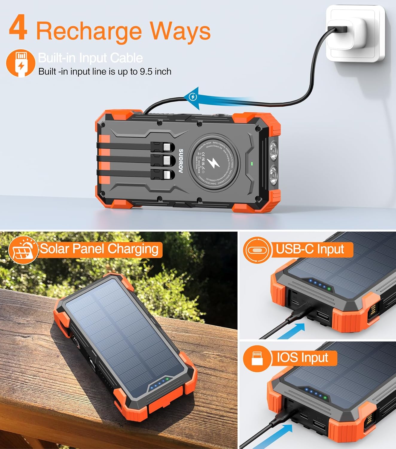 Solar Charger Power Bank, 42,800mAh Wireless Portable Charger with USB-C in/Output, QC3.0 Fast Charging 15W 4 Ports Outdoor Battery Pack Built-in LED Flashlight, for iPhone, Galaxy, iPad etc