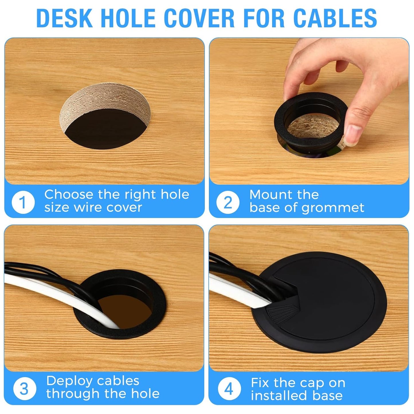 Desk Grommet 2-1/16" (53 mm), Desk Cord Hole Cover, Cable Grommet ABS Plastic, Desk Hole Grommet for Office and Home Table Cable, Detachable Adjustable Cable Cord Organizer (Black 2 Pcs)