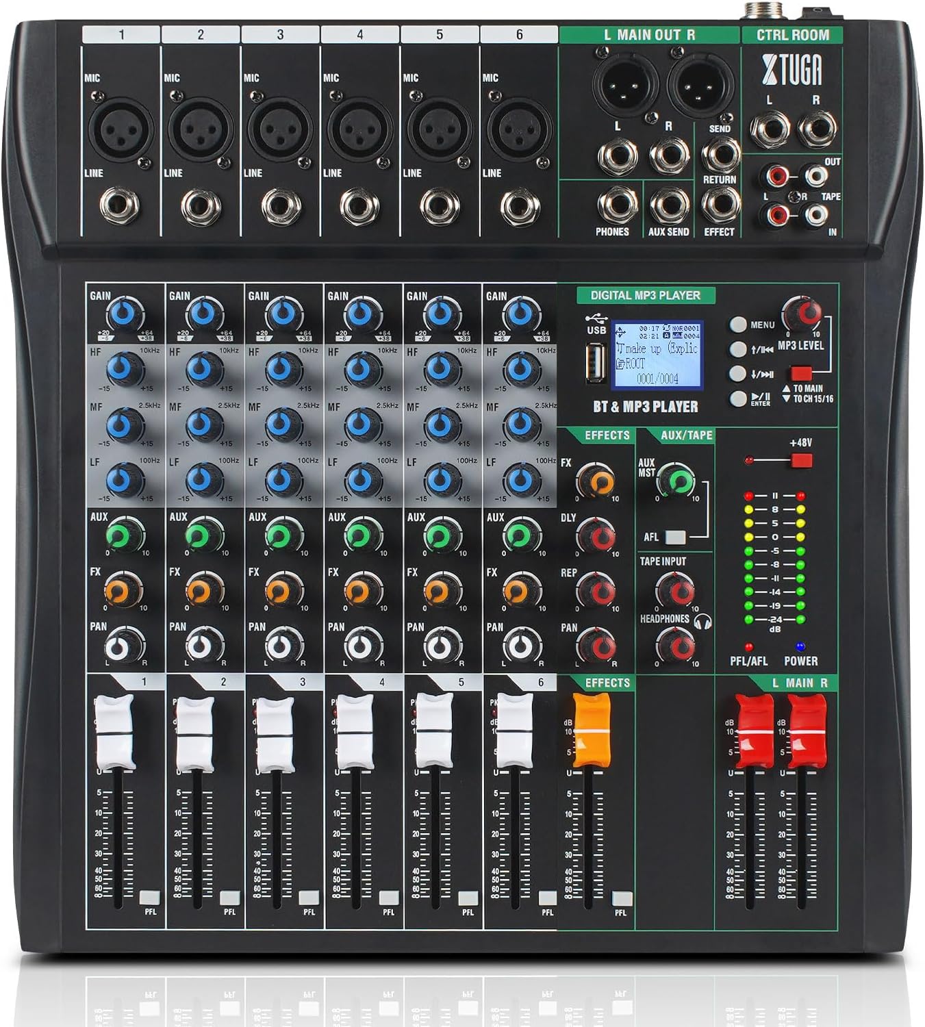 XTUGA 6 Channel Audio Mixer Sound Board Mixing Console, Audio Interface PC USB Bluetooth with 48V Phantom Digital Effect for DJ Live Recording Studio Karaoke(CT60)