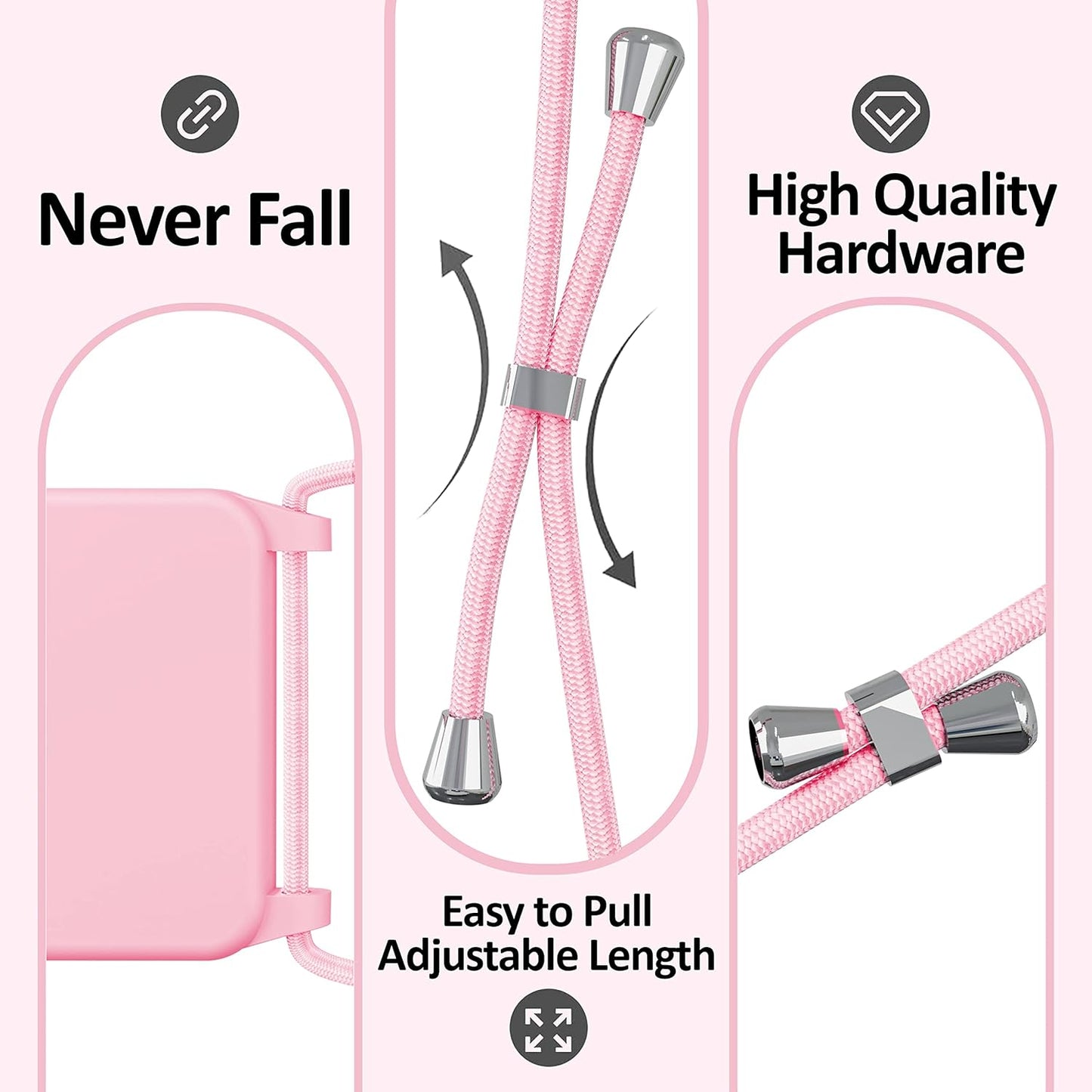 Blaspins Crossbody Lanyard Strap Case for iPhone 13 Pro, Neck Cross Body, Adjustable Holder Removable, Drop Protection Shockproof, Hands-Free Silicone Case 6.1 inch, 150 cm Strap, iP13Pro - Pink