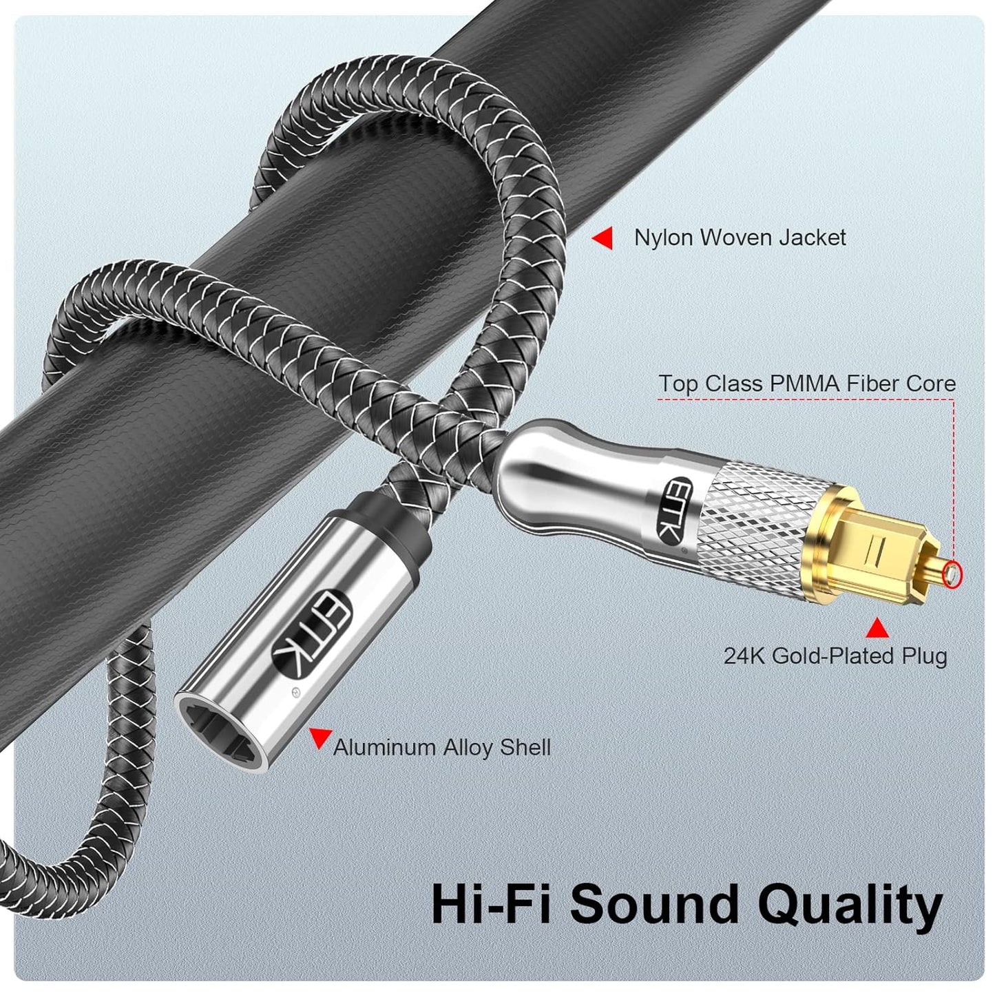 EMK Optical Cable Extension, 24K Gold-Plated Optical Audio Cable Toslink Female to Male Audio Extended Cable Compatible for Sound Bar,Home Theater (6 Feet/2M, Optic Extension, Silver2)