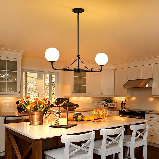 2 Lights Black Linear Chandelier, Mid Century Modern Kitchen Island Lighting, Dining Room Light Fixtures Over Table Hanging, Milk White Globe Glass Shade