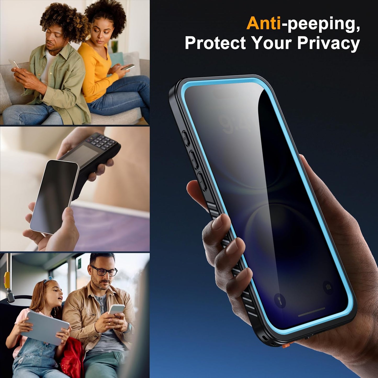 for iPhone 16 Pro Max Case Waterproof, Built-in Privacy Screen & HD Screen Double Front Frame [IP68 Underwater] Shockproof Dustproof Full Body Protection iPhone 16 Pro Max Phone Case Blue