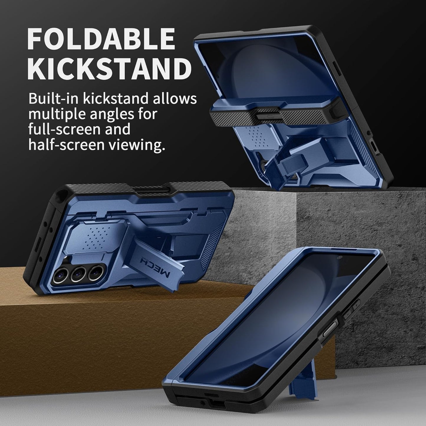TONGATE for Z Fold 5 Case, [with S Pen Slot & Hinge Protection] [Privacy Glass Screen Protector] Full-Body Military Drop Phone Case for Samsung Galaxy Z Fold 5 with Kickstand & Belt Clip, Blue