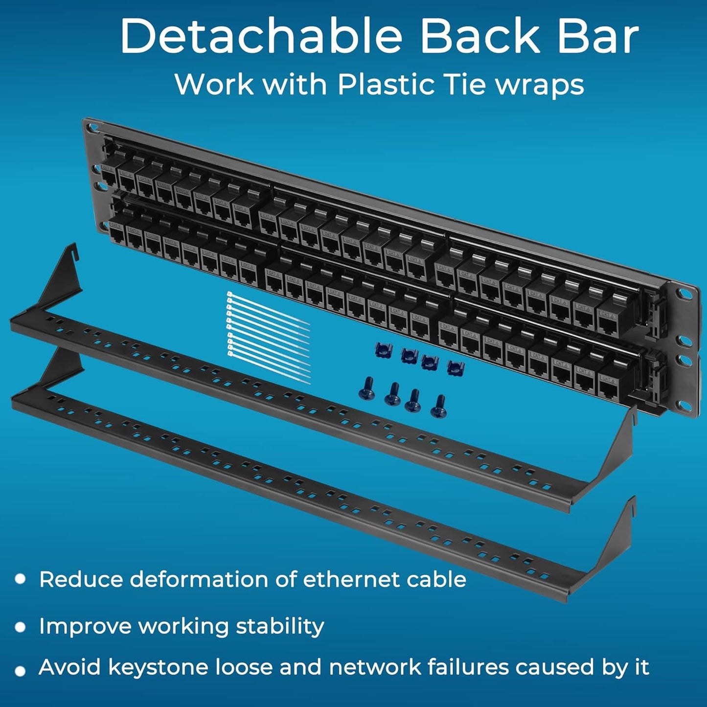 Rapink 48 Port Cat6 Patch Panel with Inline Keystone 10G Support, Pass-Thru Coupler UTP 19-Inch, Removable Back Bar, 1U Network for Cat6, Cat5e, Cat5 Cabling