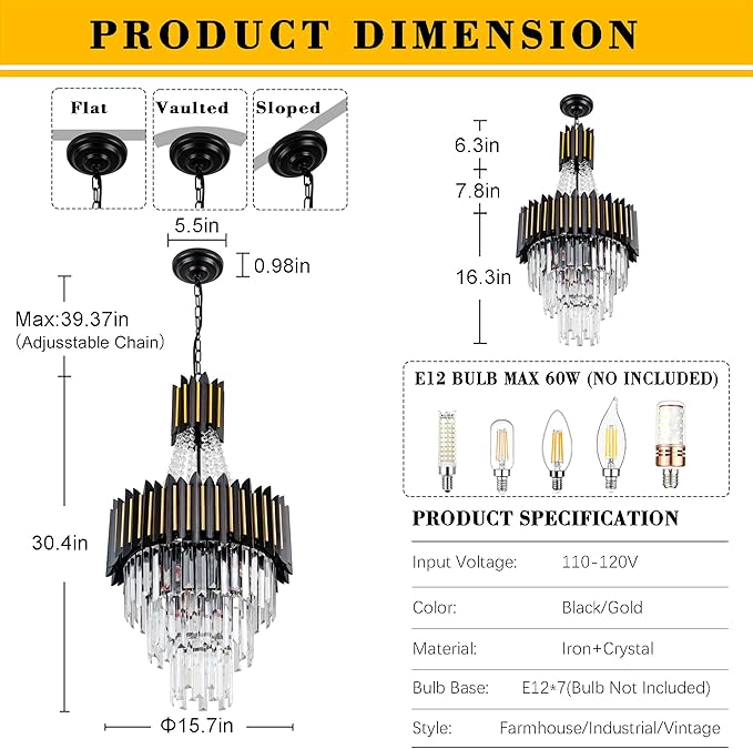Crystal Chandelier Light 15.8" 7-Light K9 Crystal Pendant Lighting 3-Tier Black Gold Luxury Hanging Light Fixture for Dining Room Living Room Kitchen Bedroom Stairway
