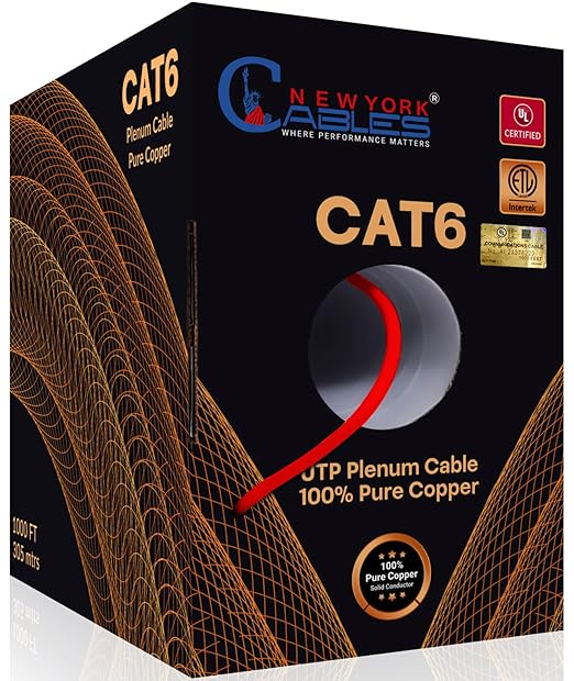 NewYork Cables | CAT6 Plenum Cable 1000ft UL/ETL Listed, 100% Pure Copper, UTP, 550MHz, 23AWG, 4Pair 10GB Ethernet Cable | Certified CMP-Rated Fire-Resistant (1000ft, Pure Copper UL Listed, Red)