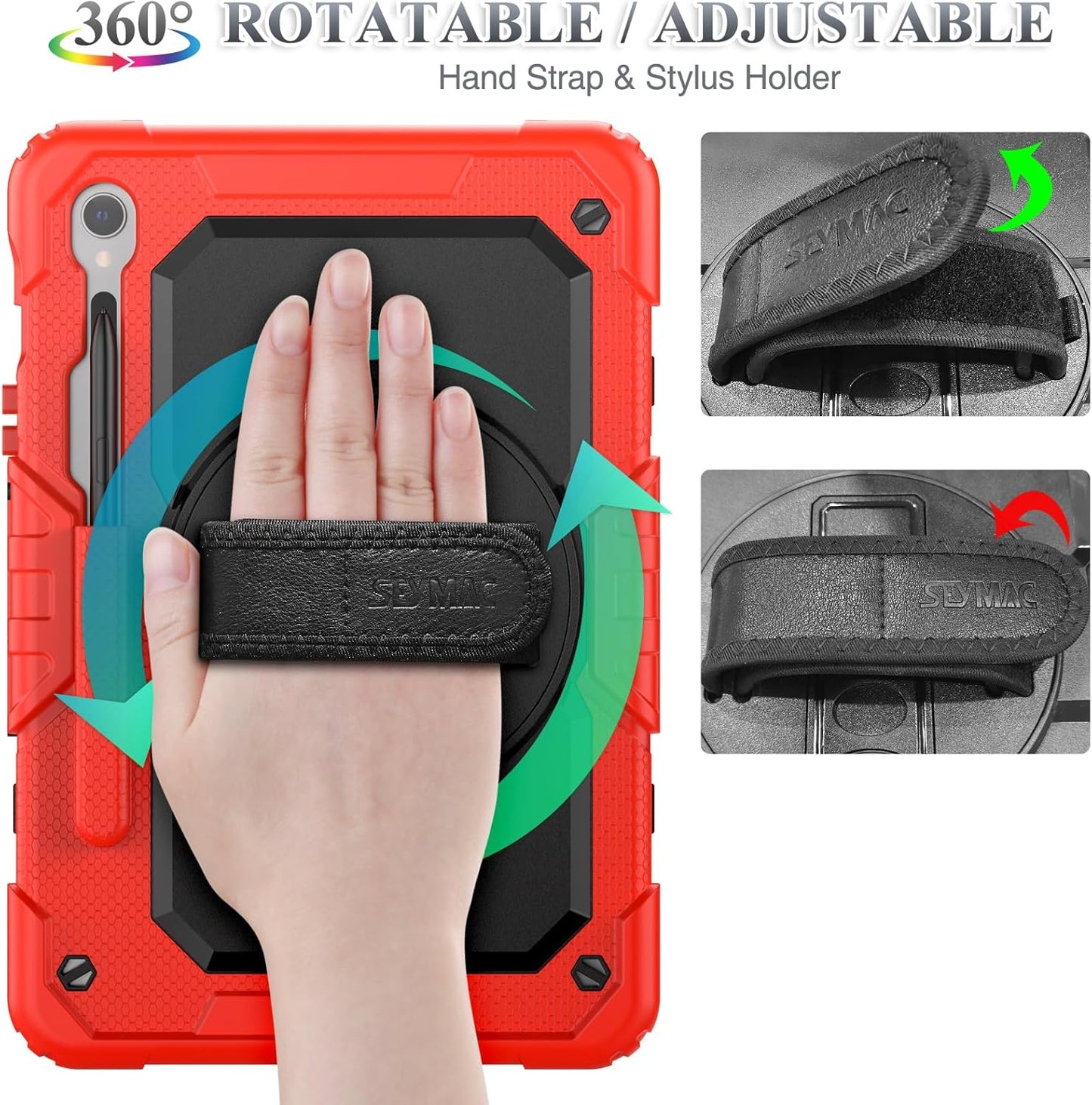 SEYMAC stock Case for Samsung Galaxy Tab S10 FE / S9 / S9 FE 5G Tablet Case Protective with Screen Protector, Pencil Holder, 360 Rotate Stand, Hand Strap, Shoulder Strap, Red