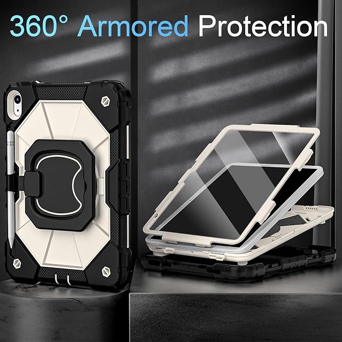 Case for iPad (A16) 11th Generation 11 Inch (2025) iPad 10th Generation 10.9 Inch (2022),Shockproof i Pad Case 11.0/10.9 Inch with 360° Rotatable Folding Handle Stand,Black Beige