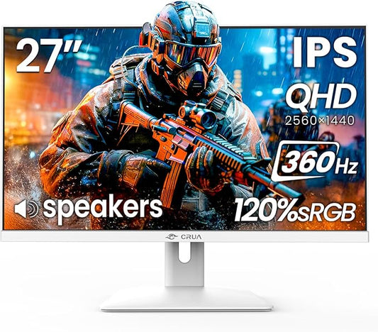CRUA 27 Inch Gaming Monitor 360HZ, 2K QHD 2560x1440 IPS Panel White Computer Monitors with Built in Speakers, Support AMD FreeSync, 120% sRGB, Blue Light Filter, DP1.4 & HDMI2.1, Wall Mountable