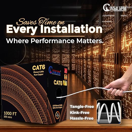 NewYork Cables | CAT6 Plenum Cable 1000ft UL/ETL Listed, 100% Pure Copper, UTP, 550MHz, 23AWG, 4Pair 10GB Ethernet Cable | Certified CMP-Rated Fire-Resistant (1000ft, Pure Copper UL Listed, White)