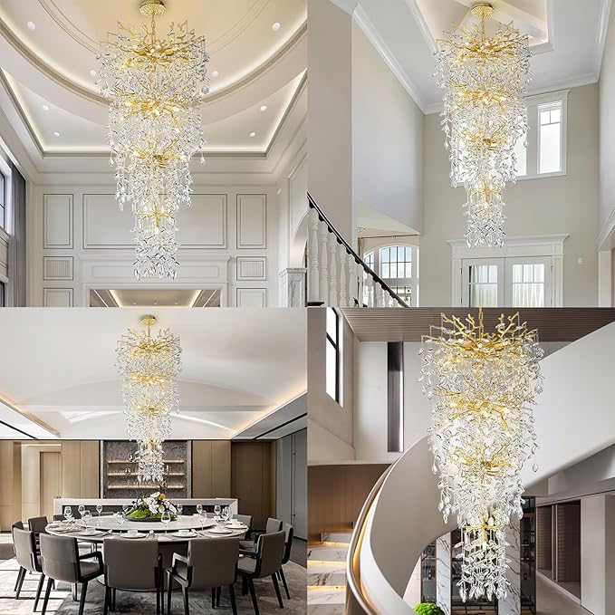 YUYI 47'' Long Crystal Chandelier for High Ceiling, 25-Light Modern Gold Tree Branch Chandelier, Large Chandeliers for Staircase Foyer Entryway Living Room, 4-Tier Luxury K9 Raindrop Light Fixture