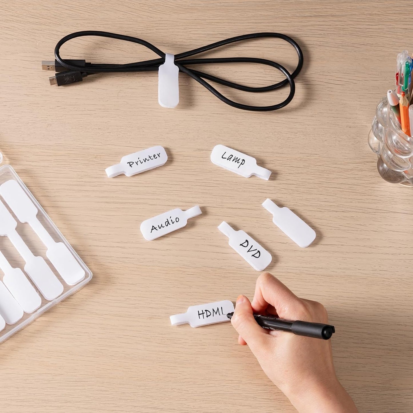 Trilancer Reusable Cable Cord Wire Labels, Easy to Write on, Hook&Loop Closure, for Organizing and Identification, Cable Tags, Multiple Uses - 35PCS(White)