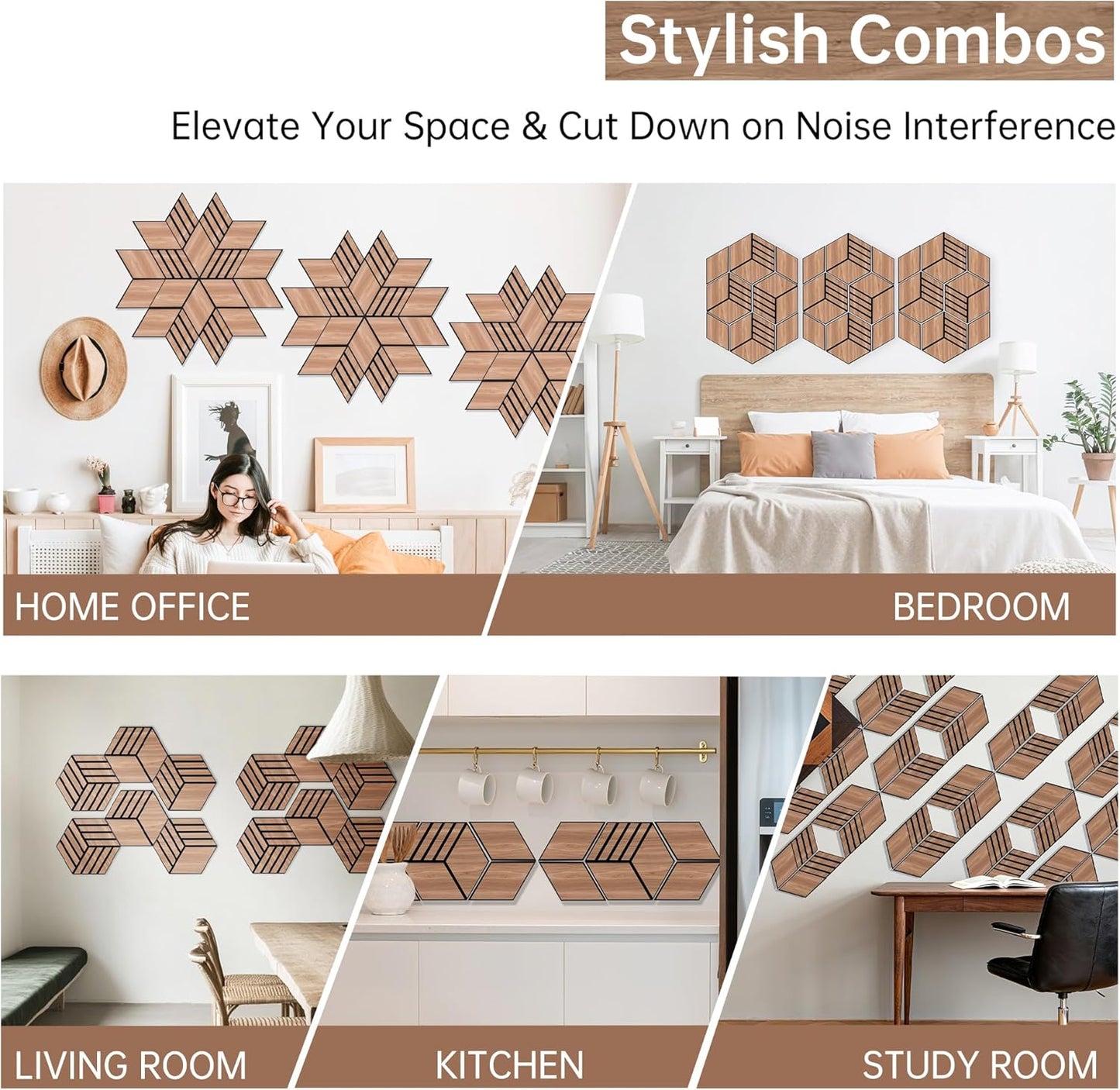 Mollywell Hexagon Acoustic Panels, Walnut S4, 14x12x0.4 Inch, 12 Pack |Wood Veneer|High Density Sound Proofing Wall Panels|Self Adhesive Sound Dampening Felt Wall Tiles|Home Theater|Gaming Room|