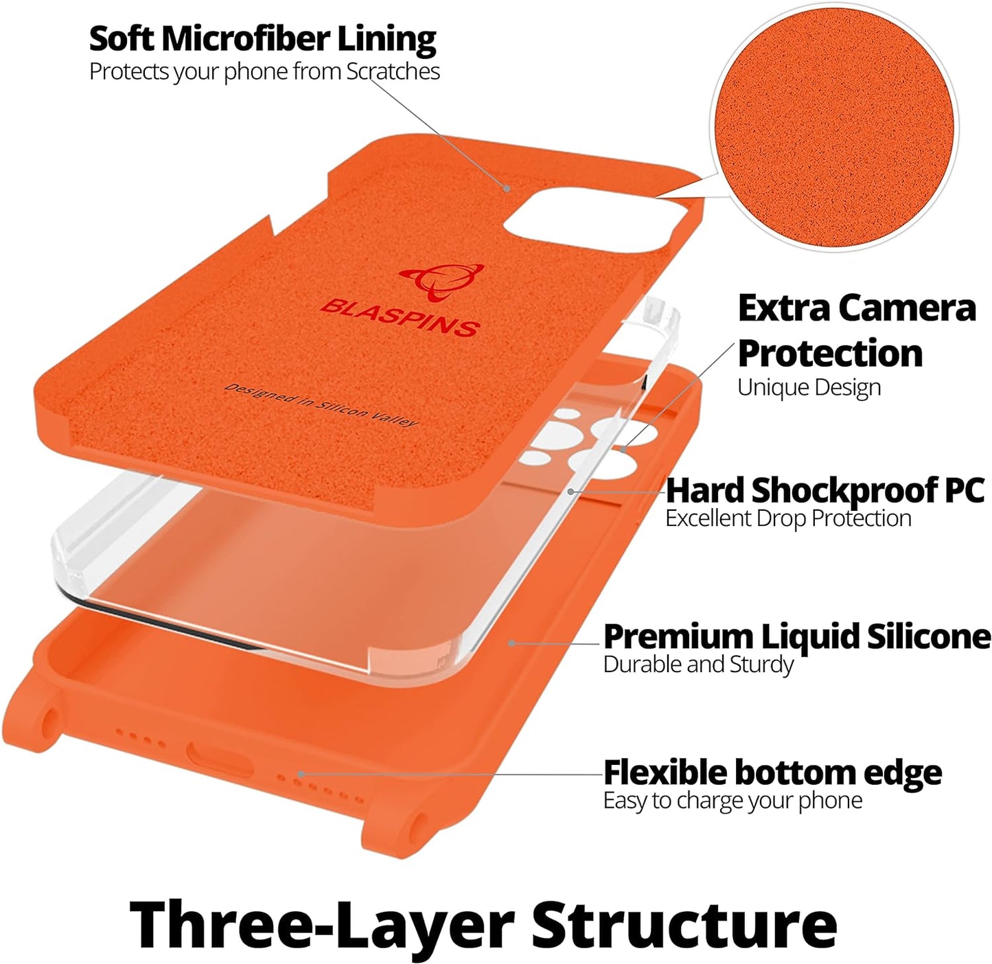 Blaspins Crossbody Lanyard Strap Case for iPhone 14, Neck Cross Body, Adjustable Holder Removable, Drop Protection Shockproof, Hands-Free Silicone Case Cover 6.1 inch, 150 cm Strap, iPhone 14 - Orange