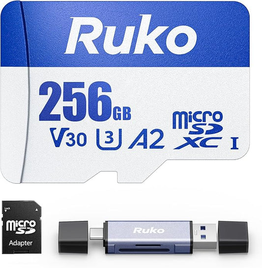 Ruko 256GB Micro SD Card with Adapter & Reader, A2, Class10, UHS-I U3/V30, 4K UHD, Up to 100MB/s Read, TF Memory Card for Drone, Camera, Gaming Console