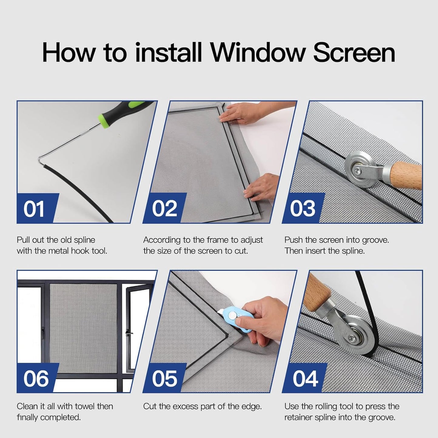 Window Screen Door Repair Kit Include Window Screens Mesh 48"x118" with All Tools in Window Screen Replacement(2pcs Screen Rollers, Screen splines, Hook, Utility Knife and Ruler), Yolovit