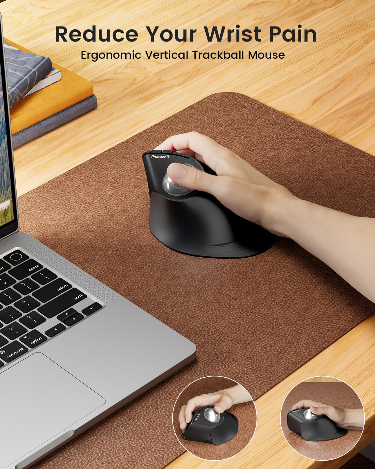 ProtoArc Vertical Wireless Trackball Mouse, EM05 NL Bluetooth Ergonomic Rollerball Mouse Rechargeable Computer Laptop Thumb Mice, 3 Device Connection, Compatible with iPad, Mac, Windows, PC-Silver