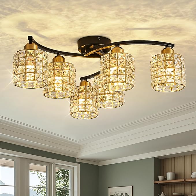 6-Light Ceiling Light Fixtures,Crystal Semi-Flush Fixture,Black & Gold Farmhouse Ceiling Light, Luxury Flush Mount Lighting for Dining Room, Living Room, Kitchen Island