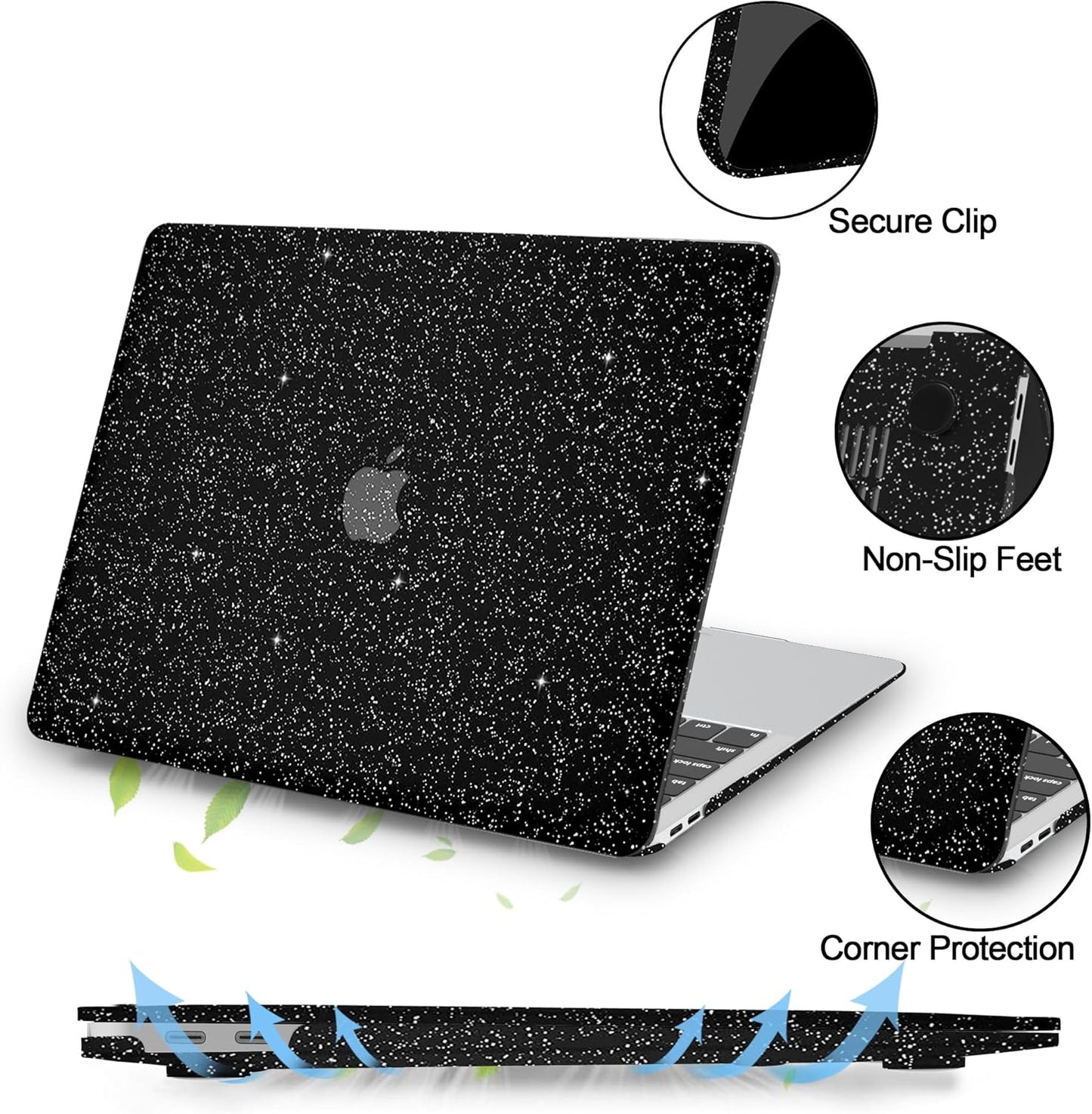 Compatible with MacBook Air 13 inch Case 2021 2020 2019 2018 A2337 M1 A2179 A1932 Touch ID, Glitter Smooth Leather Hard Shell + Keyboard Cover for MacBook Air 13.3 inch Case, Shining Black