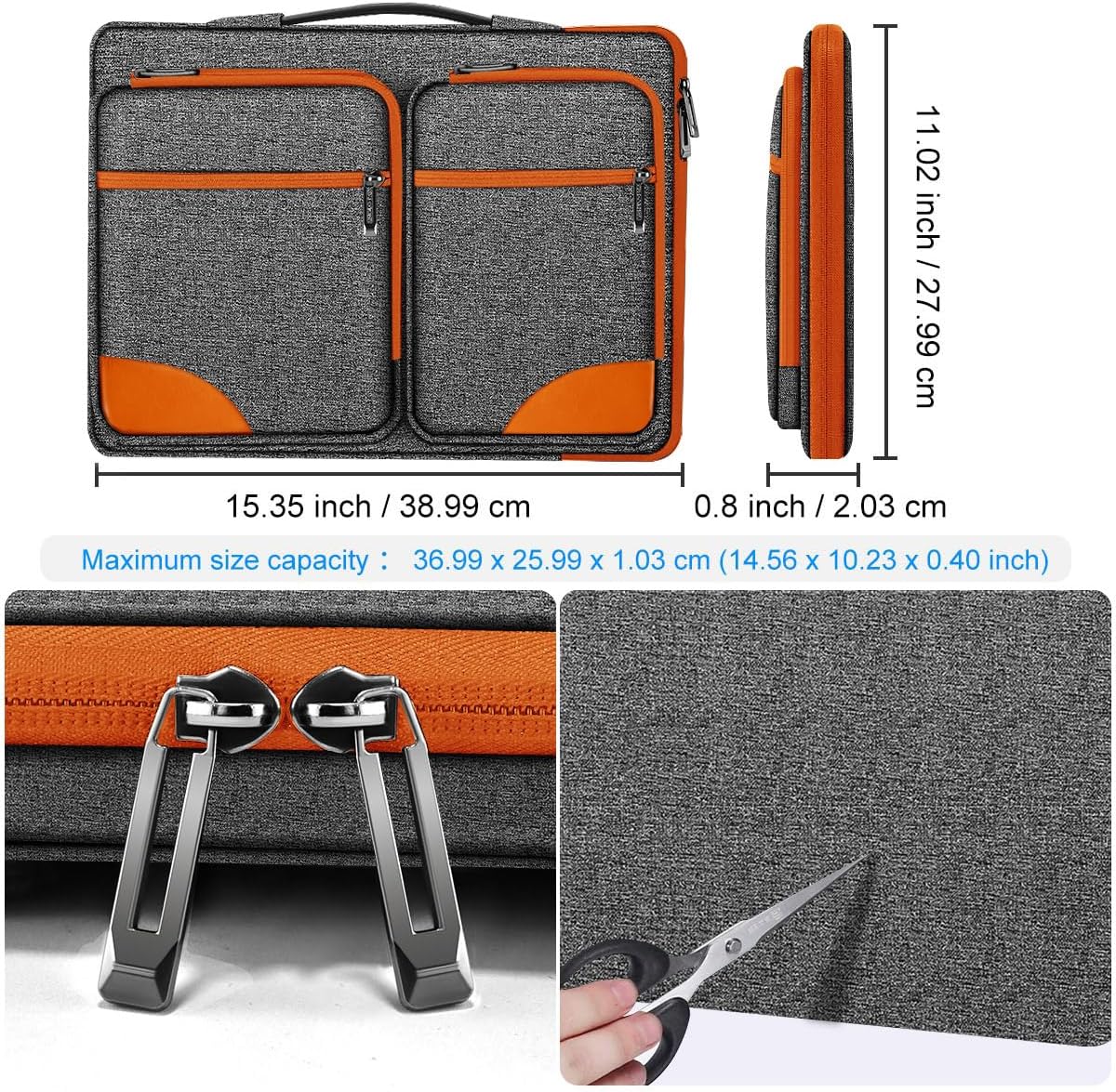 Hseok Laptop Case 15 15.6 16 inch Sleeve with Handle and Hidden Strap,Compatible with MacBook Pro 15.4 16, 360° Protective PC Briefcase with 4 Pockets for Laptop Accessory,Easy to Carrying,Gray-Orange