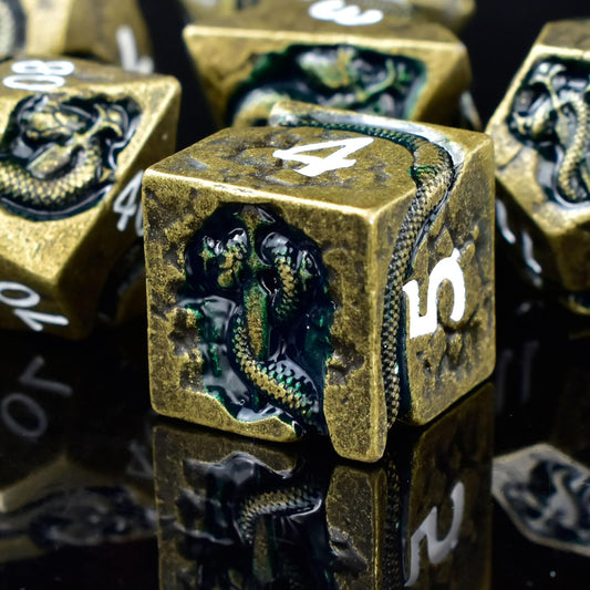 RULE DICE Metal D&D Dice, DND Dice Set, Polyhedral Dice for Dungeons and Dragons RPG Games | 7pc D and D Dice Set with Green Serpent | Gift for TTRPG Players