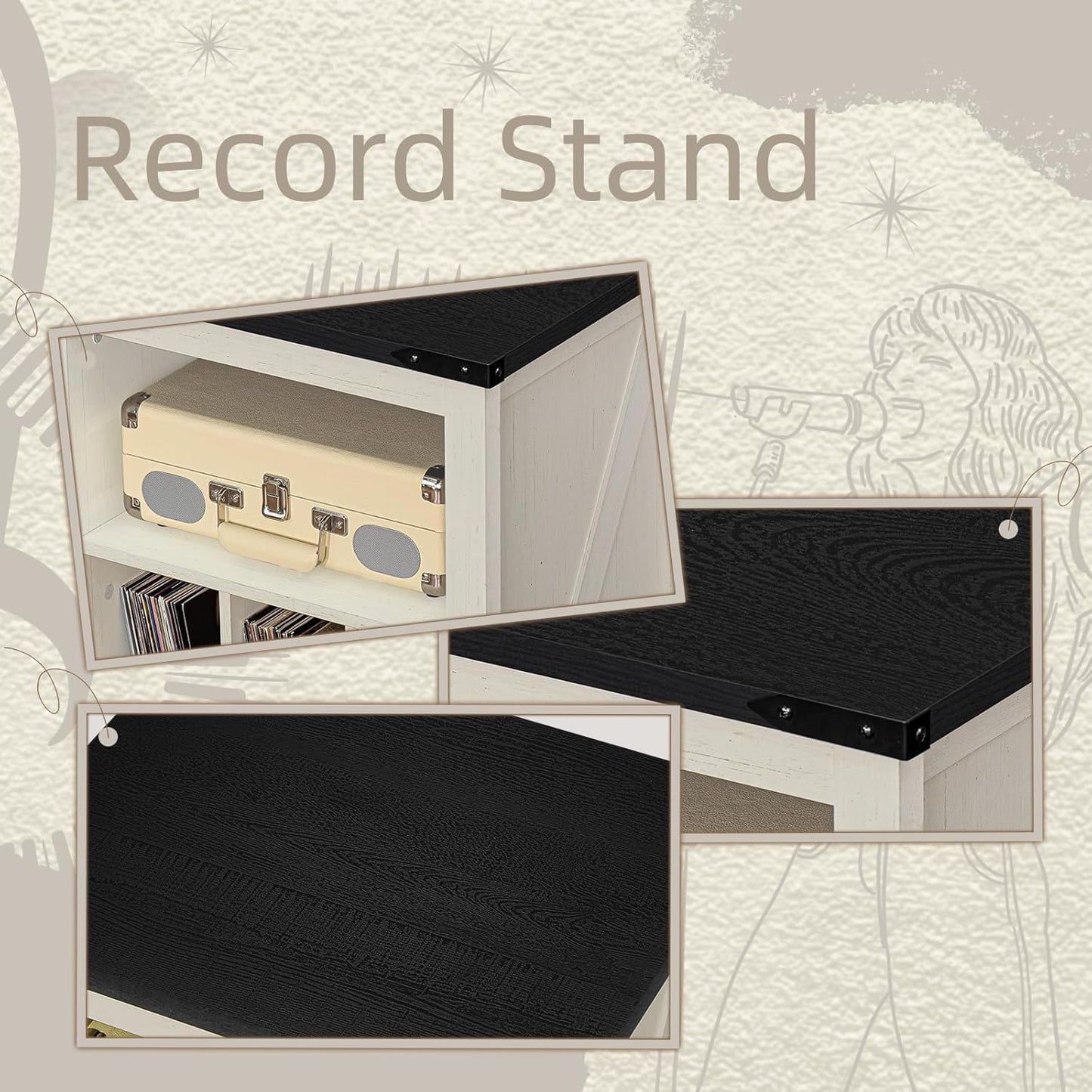 Record Player Stand with Vinyl Record Storage Holds up to 160 Albums,Large Wood Record Player Table，White Turntable Stand Cabinet Dispaly Shelf for Living Room,Bedroom,Office