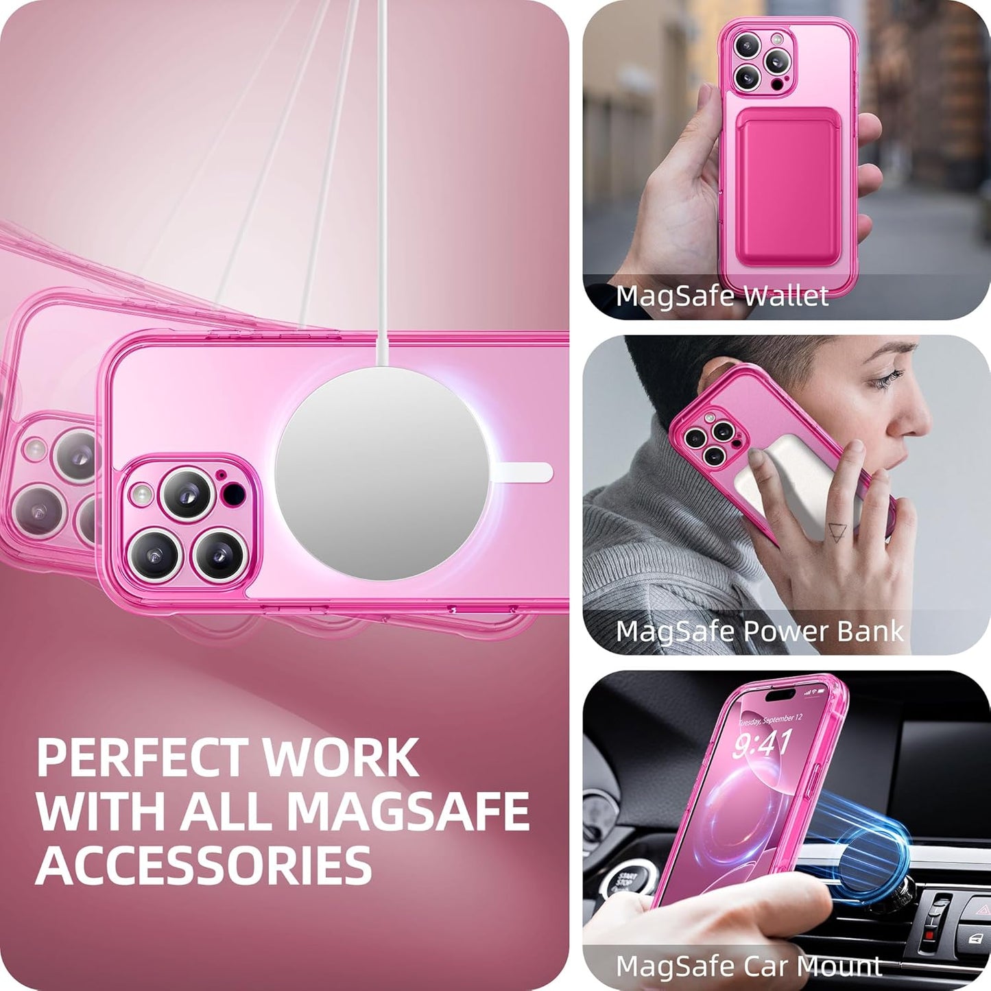 BERFY Magnetic for iPhone 16 Pro Max Case, Compatible with MagSafe, [Built-in 9H Tempered Glass Screen Protector & Upgraded Camera Protection] Full Body Shockproof Phone case for 16 ProMax,Bright Pink