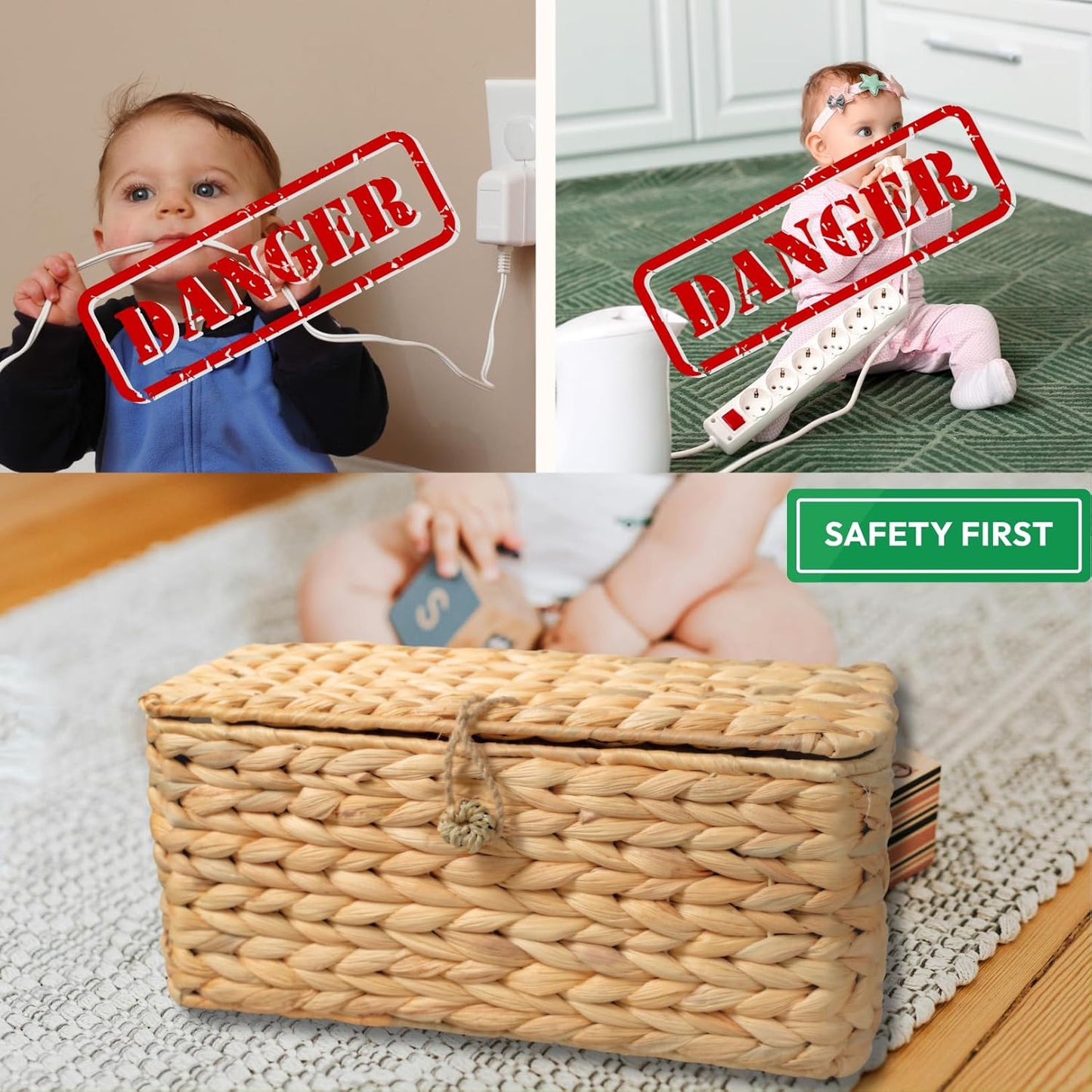 Wicker Cable Management Box with Lid, Set of 2 Handwoven Water Hyacinth Cords Hider Boxes for TV, Computer, Router, USB Hub to Hide Cords & Power Strip for Desk, Floor, Office