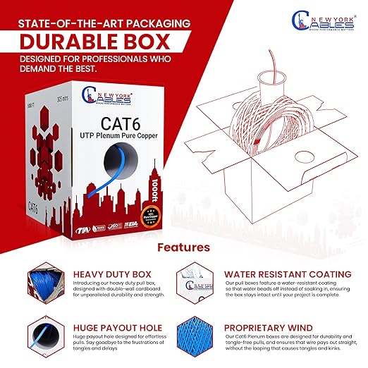 NewYork Cables CAT6 Plenum Cable 1000ft | 100% Pure Copper, UTP, 550MHz, 23AWG, 4Pair 10GB Ethernet Cable, Certified CMP-Rated Bulk Cat 6 for Networking & Gaming (1000ft, Pure Copper,Black)