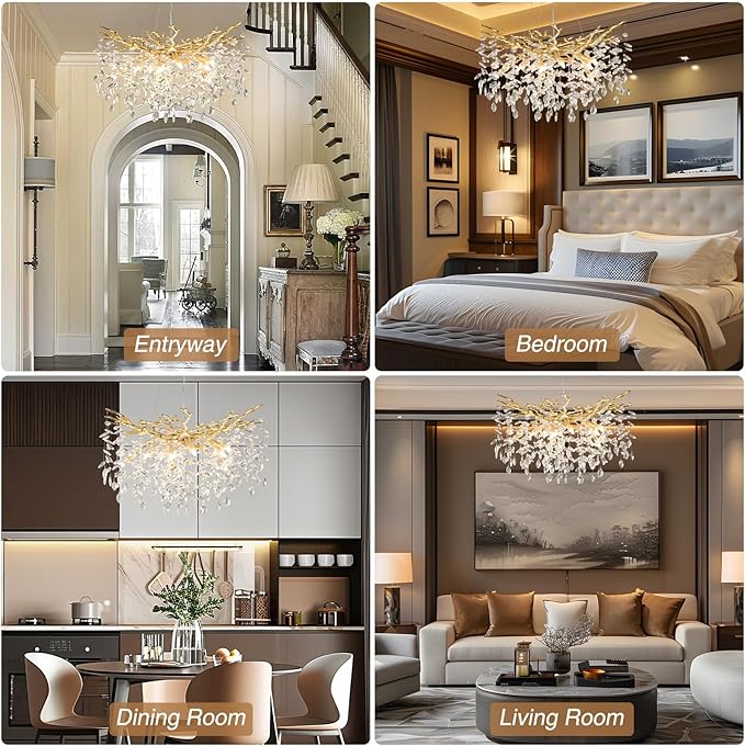 YUYI Modern Crystal Chandelier, 30" Gold Tree Branch Chandelier, 10-Light Round Chandeliers for Dining Room, Living Room, Kitchen, Foyer, Entryway, Bedroom, Luxury K9 Crystal Raindrop Light Fixture